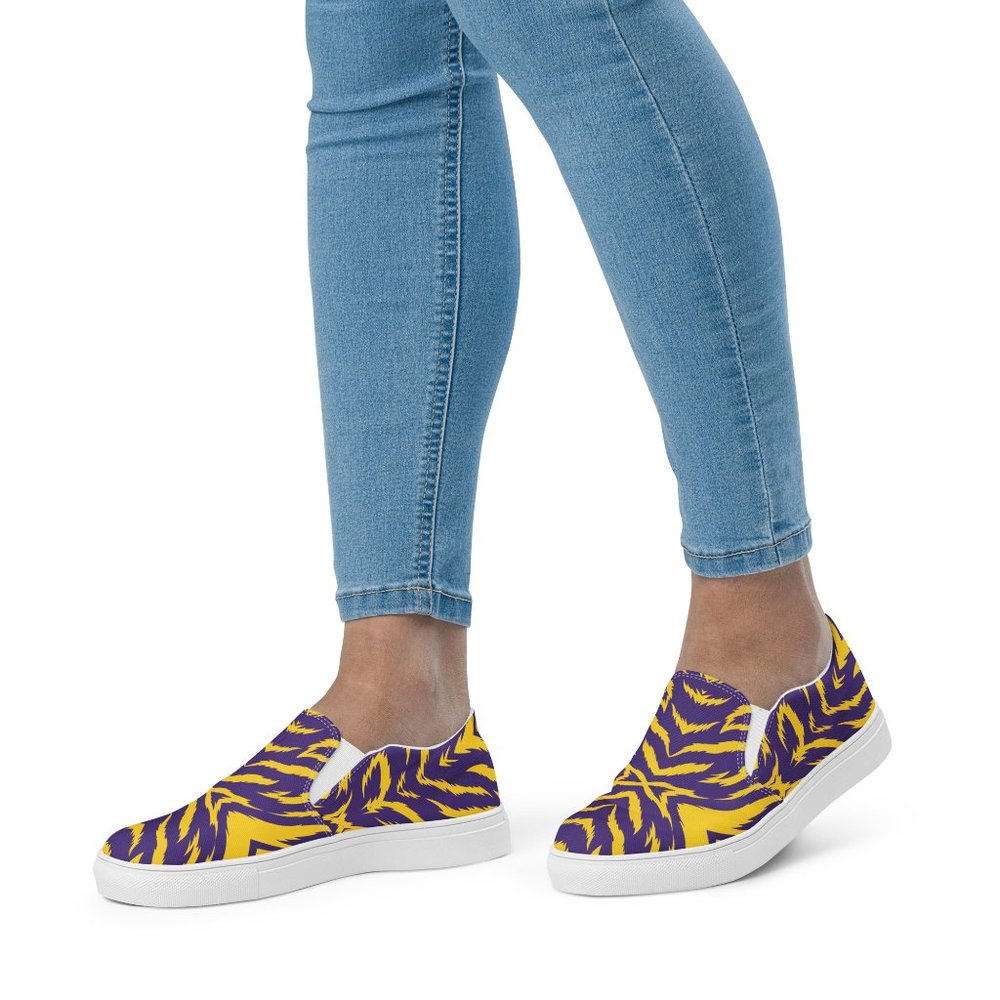 NEW Purple Gold Tiger Stripes Game Day Womens Comfy Slip On Shoes - Picture 7 of 16